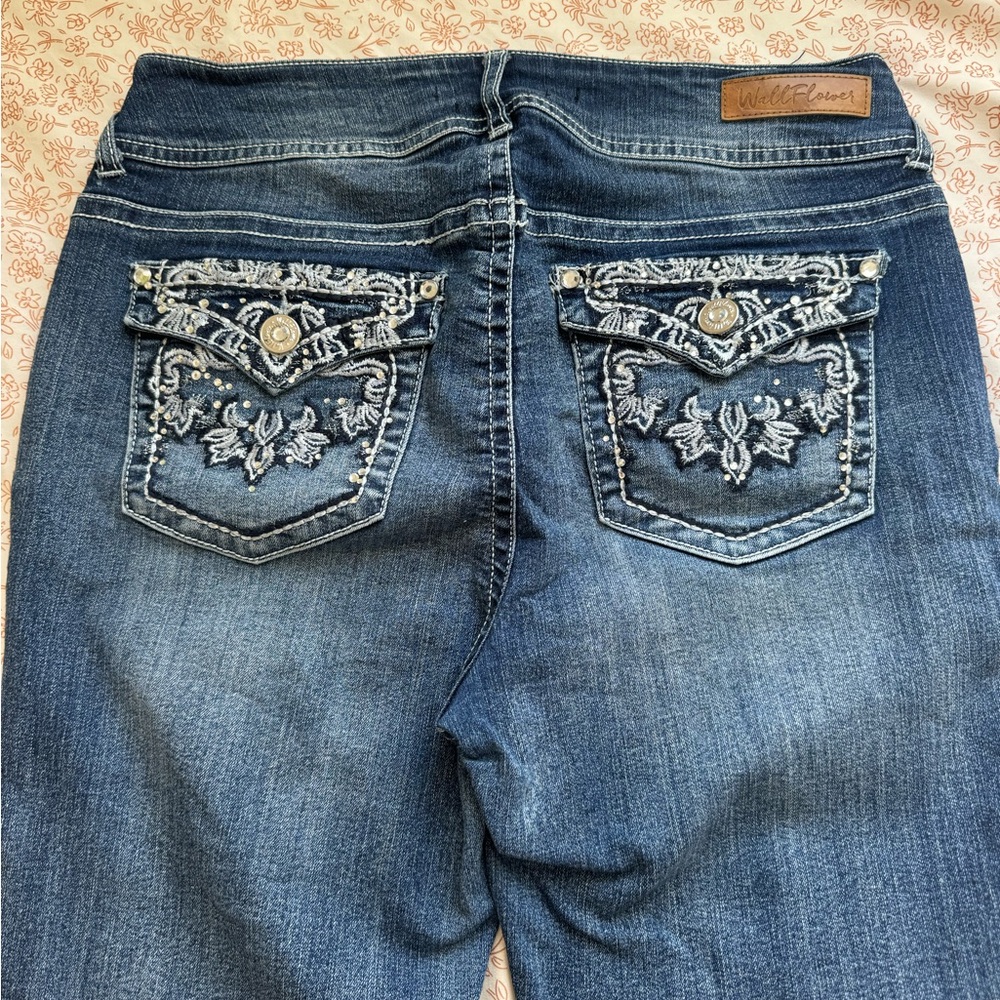 Wallflower Women's Denim Boot Cut Jeans with Bling Embroidery pockets